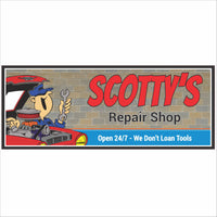 Personalized Repair Shop sign with cartoon mechanic, bold red lettering, and custom shop name on white background