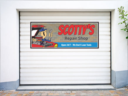 Image of a personalized cartoon mechanic sign featuring a red car, engine, and grey brick background.
