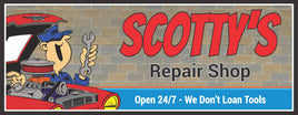 Image of a personalized cartoon mechanic sign featuring a red car, engine, and grey brick background.