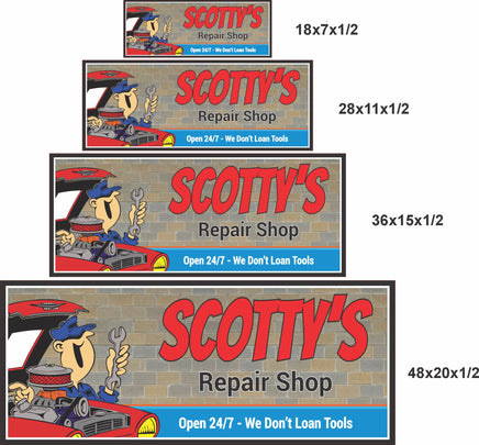 Repair Shop sign size comparison showing 18x7, 28x11, 36x15, and 48x20 inch options