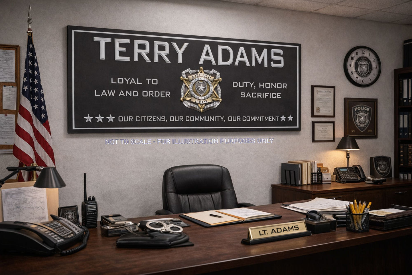 Custom police officer sign mounted on a wall in a police office behind a desk with American flag and certificates
