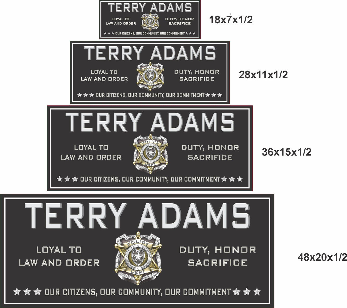 Police officer sign shown in 18x7, 28x11, 36x15, and 48x20 inch size options