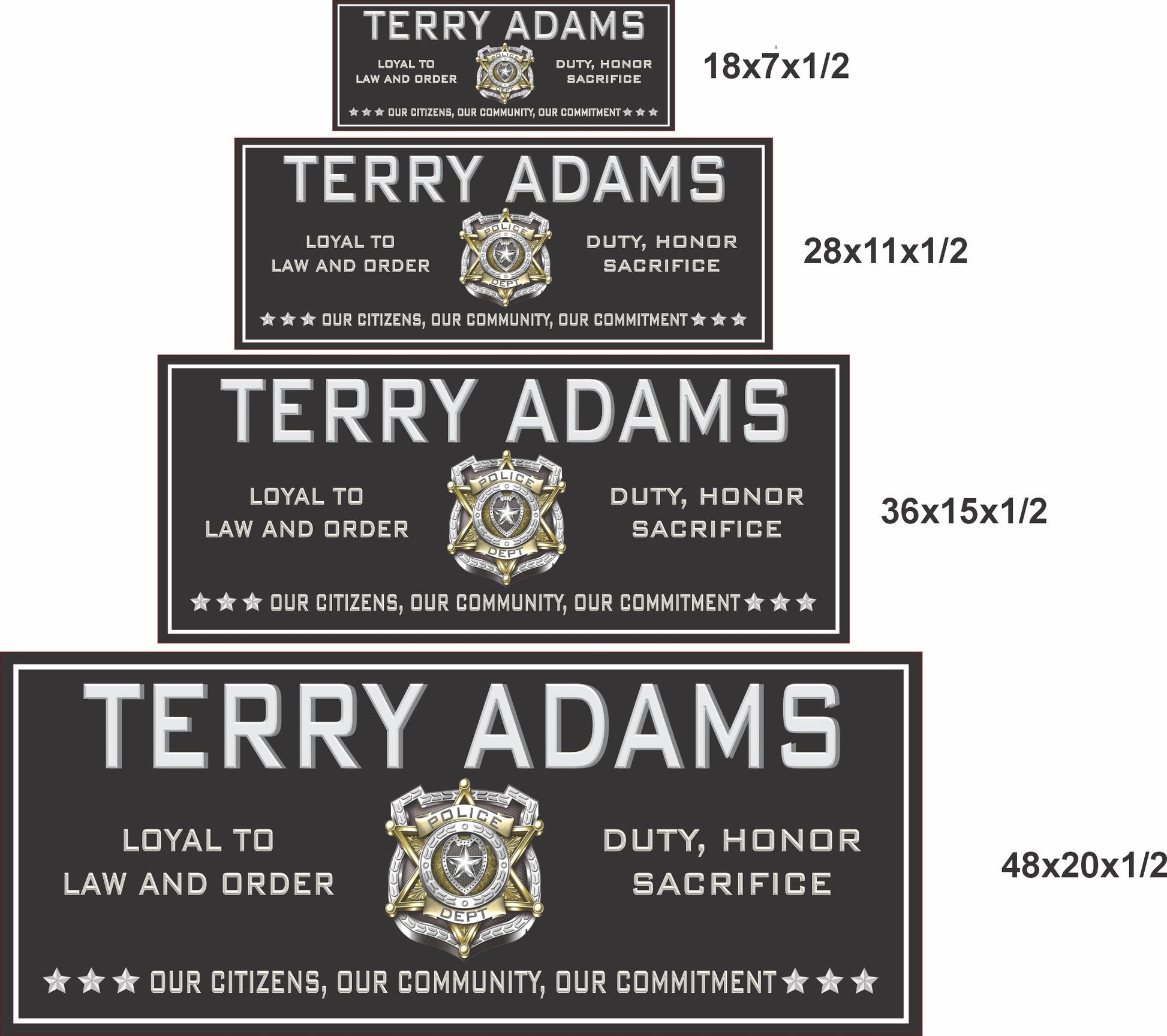 Police officer sign shown in 18x7, 28x11, 36x15, and 48x20 inch size options