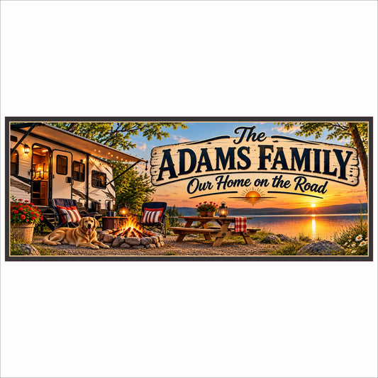 Personalized RV camping sign with customizable family name, camper and pet in a scenic lakeside campsite at sunset.