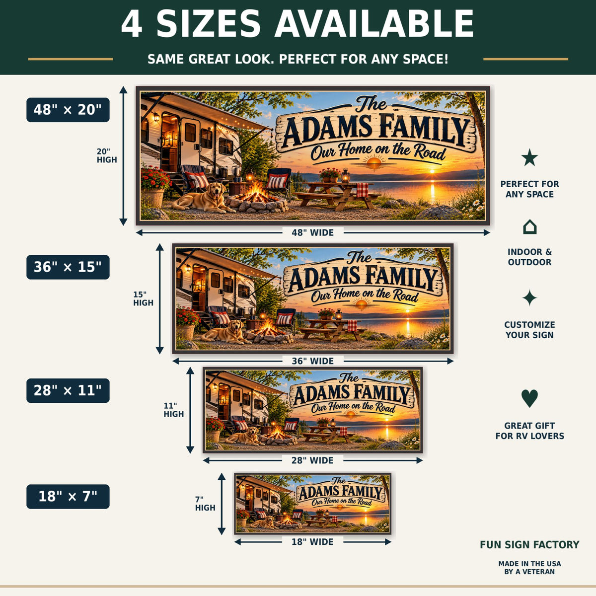 Custom RV camping sign size comparison showing 48x20, 36x15, 28x11 and 18x7 inch options.