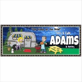 Personalized RV campsite family name sign with camper, picnic table, and nighttime outdoor scene