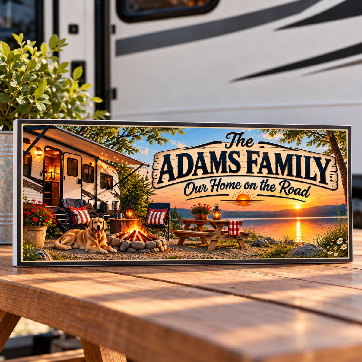 Custom RV and pet camping sign displayed on a wooden picnic table beside a travel trailer, showing rigid PVC construction.