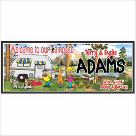 personalized campsite sign with rv camper illustration, campfire, outdoor chairs, and custom couple design
