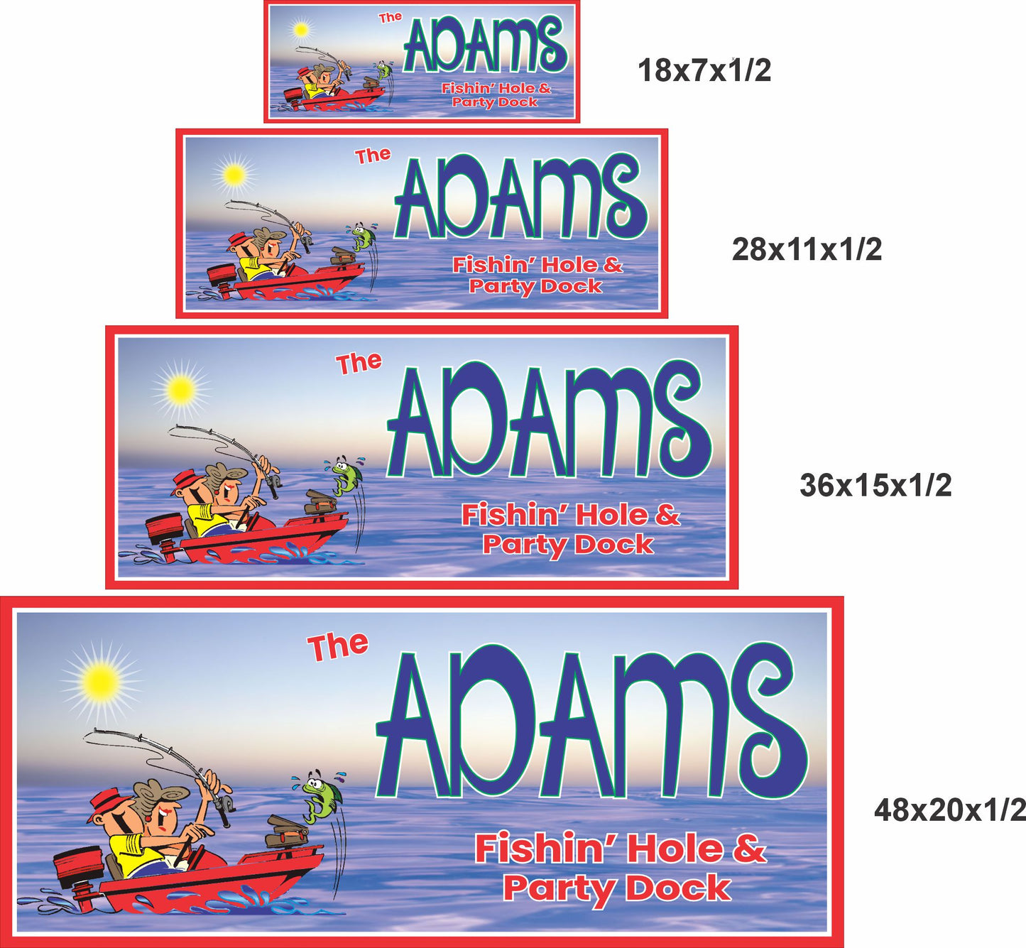 Fishing dock sign shown in 18x7, 28x11, 36x15, and 48x20 size options
