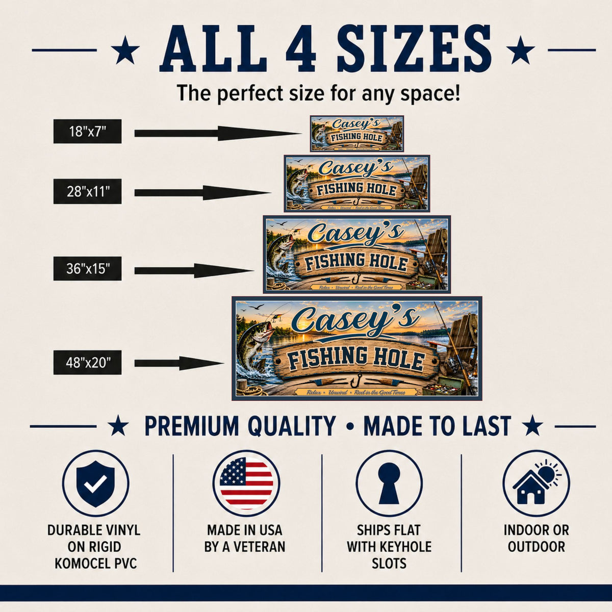 Fishing sign size guide showing 18×7, 28×11, 36×15, and 48×20 inches, PVC material, keyhole hangers, and indoor or outdoor use.