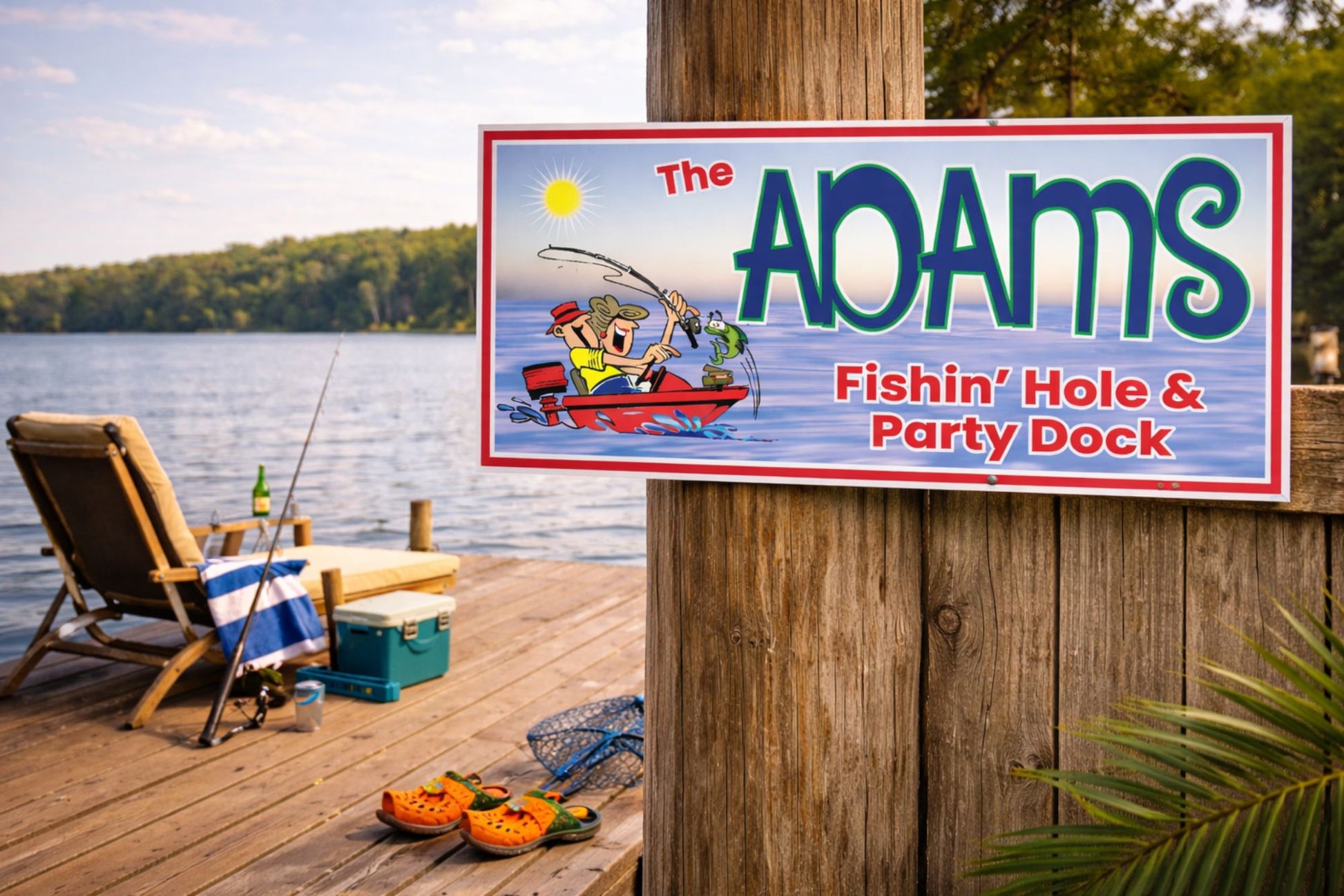 Custom fishing dock sign displayed on a wooden lakeside dock