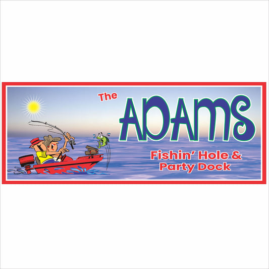 Personalized fishing dock sign with cartoon fisherman and lake scene