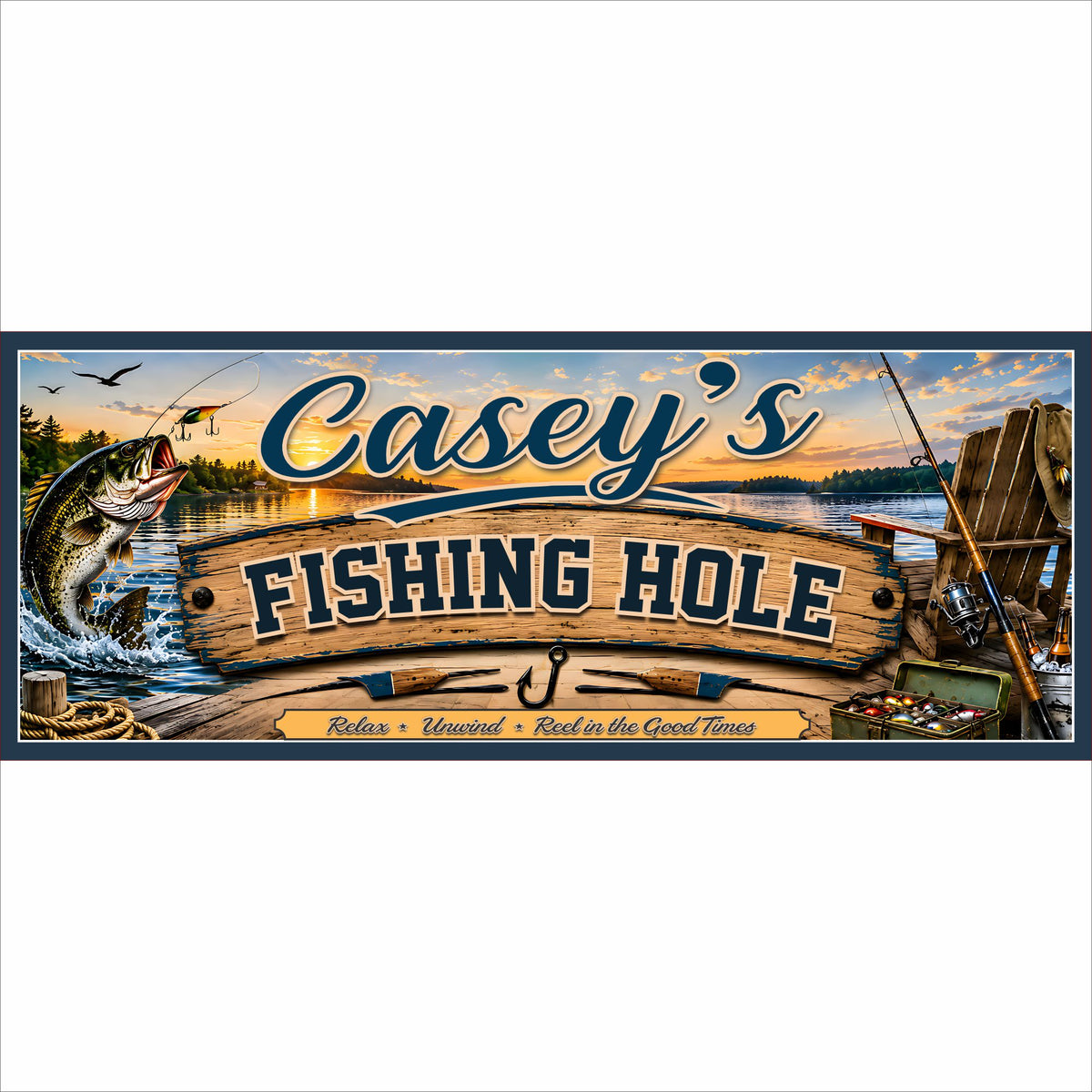 Personalized Fishing Hole sign with a lake sunset, jumping fish, fishing rods, tackle, wood-look banner, and navy border.