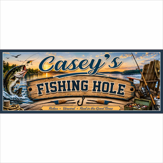 Personalized Fishing Hole sign with a lake sunset, jumping fish, fishing rods, tackle, wood-look banner, and navy border.