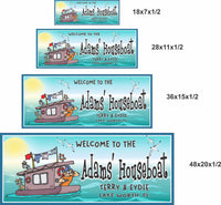Personalized Cartoon Houseboat Sign featuring a whimsical seascape with seagulls, a sun, and a cartoon boathouse with a captain and dog, perfect for nautical decor.