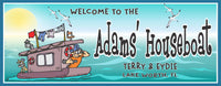 Personalized Cartoon Houseboat Sign featuring a whimsical seascape with seagulls, a sun, and a cartoon boathouse with a captain and dog, perfect for nautical decor.