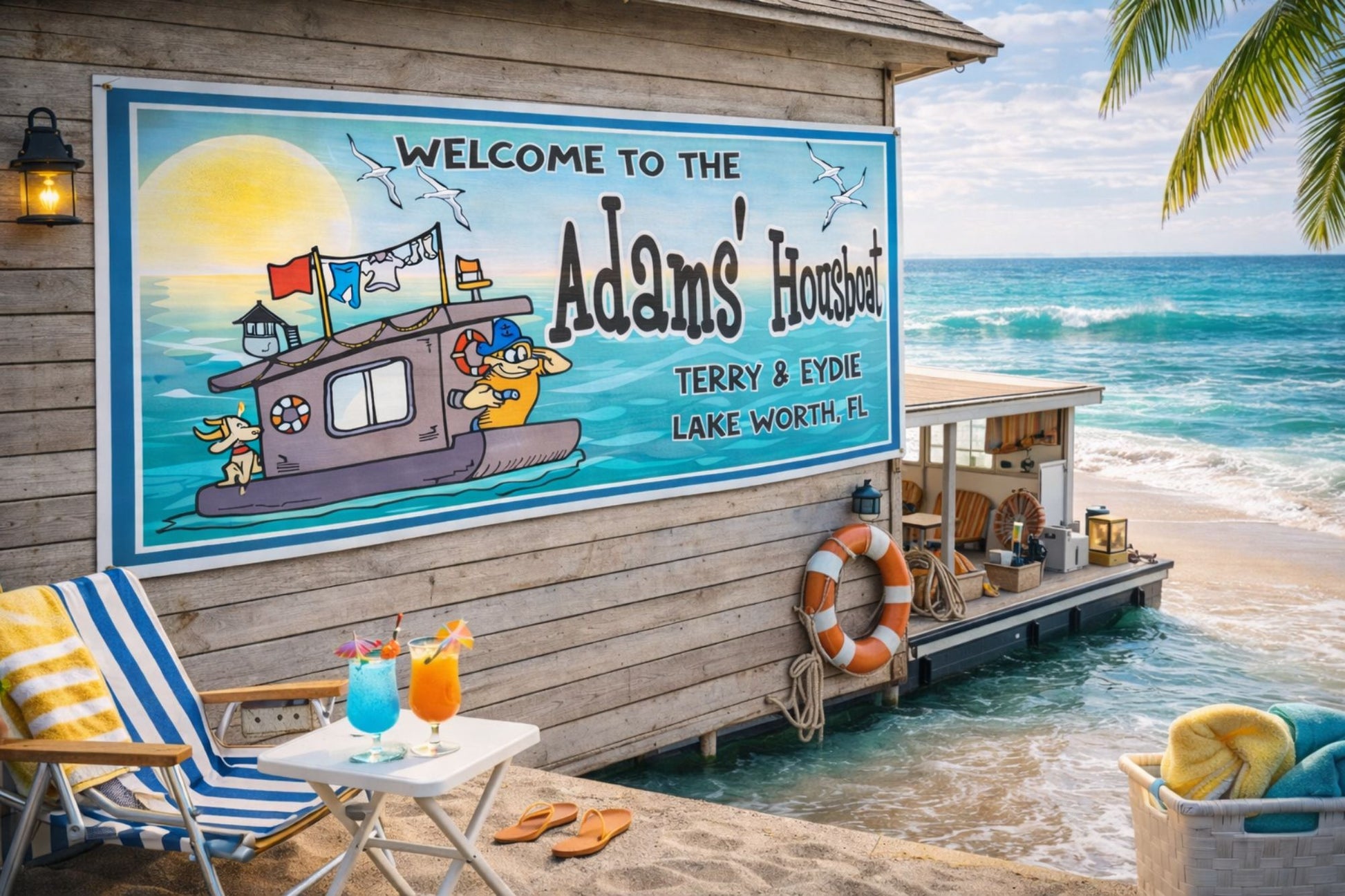 Personalized houseboat welcome sign displayed on an ocean-side dock with calm blue water, boats, and coastal scenery in the background
