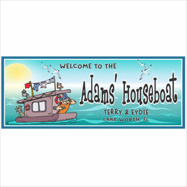 Personalized houseboat name sign with cartoon boat and lake scene