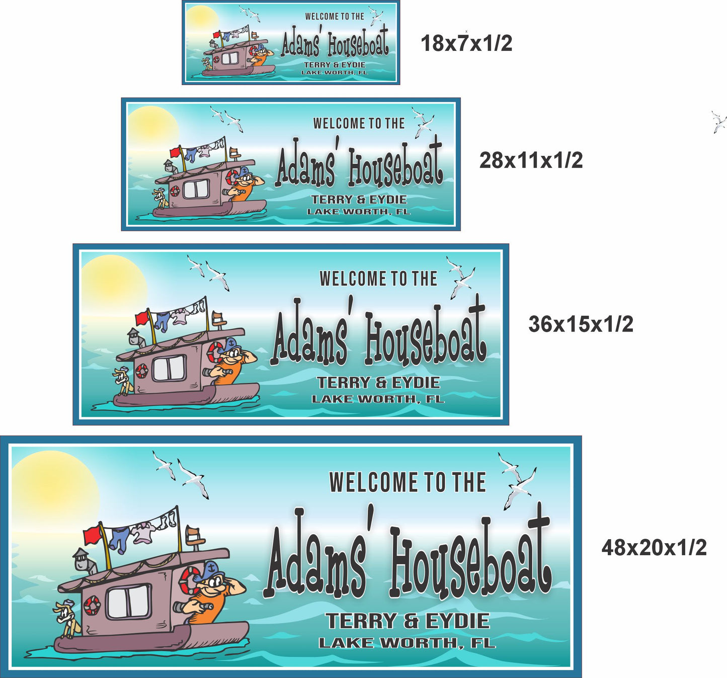 Houseboat sign showing multiple size options for wall display