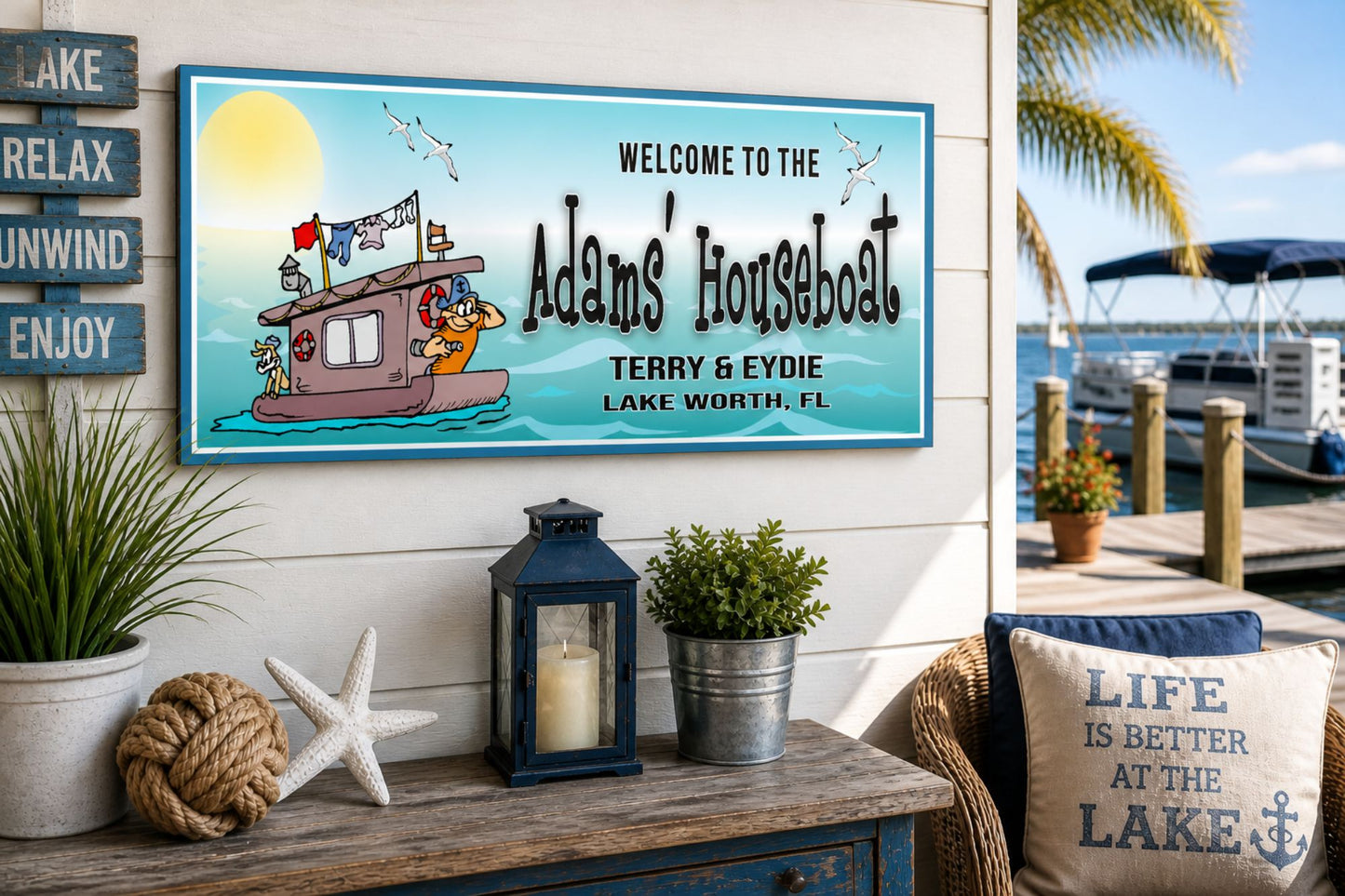 Custom boat name sign mounted on outdoor wall near dock with lake view