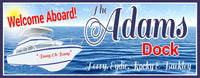 Image of a personalized dock sign featuring a white yacht and the text 'Welcome Aboard,' perfect for nautical decor.