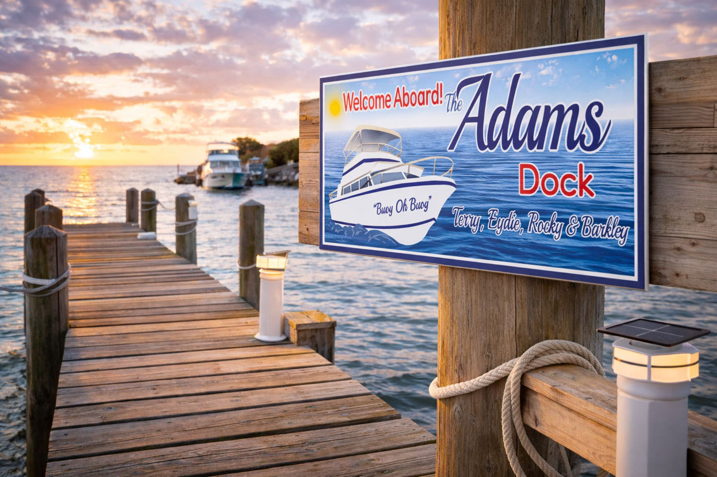 Custom dock sign displayed on wooden pier near water at sunset