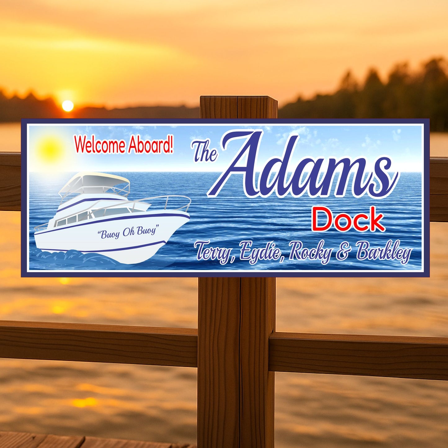 Personalized boat dock sign mounted on post overlooking marina at sunset