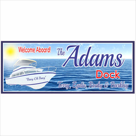 Personalized dock sign with boat design on ocean background mounted on rigid PVC