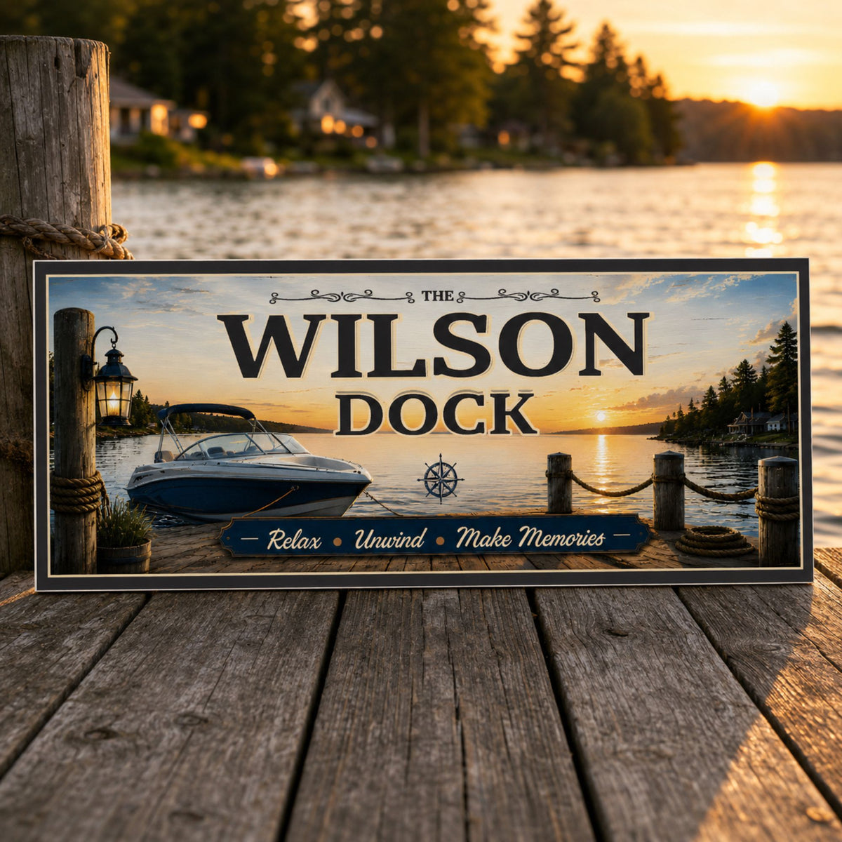 Personalized sunset lake dock sign displayed on wooden dock boards beside the water, showing its white PVC edge.