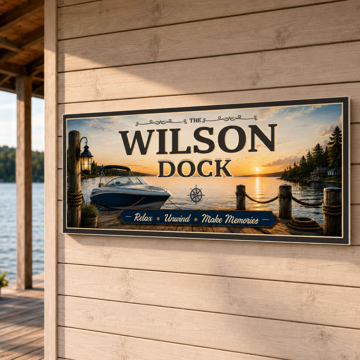 Personalized boat and sunset dock sign mounted on a lake house exterior with horizontal wood siding.