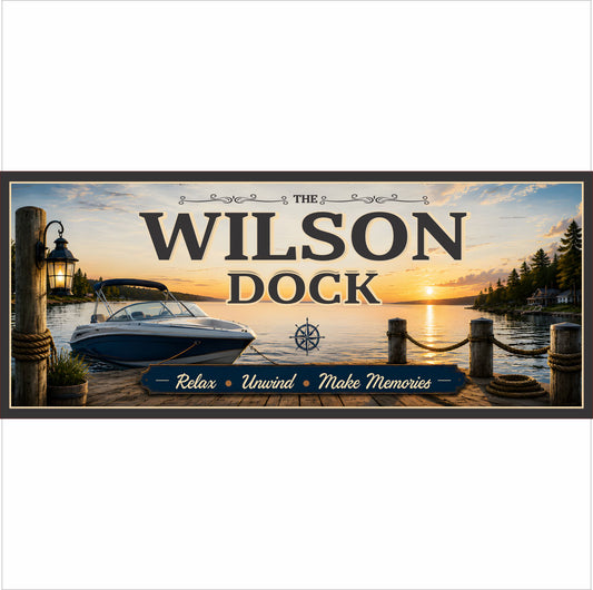 Personalized dock sign featuring a sunset lake, boat, lantern, compass, gold border, and the saying Relax, Unwind, Make Memories.