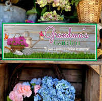 Image of a personalized garden sign featuring custom garden tools decor, perfect for outdoor spaces