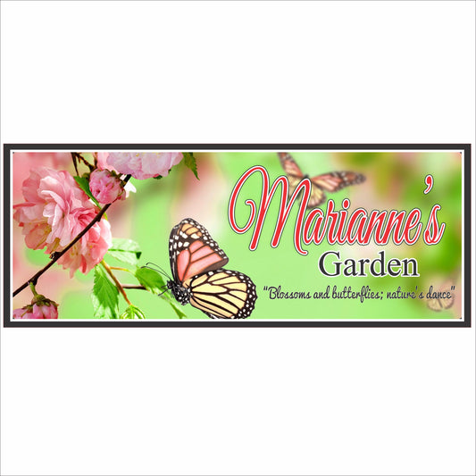 Personalized garden sign with pink blossoms, butterflies, and green background