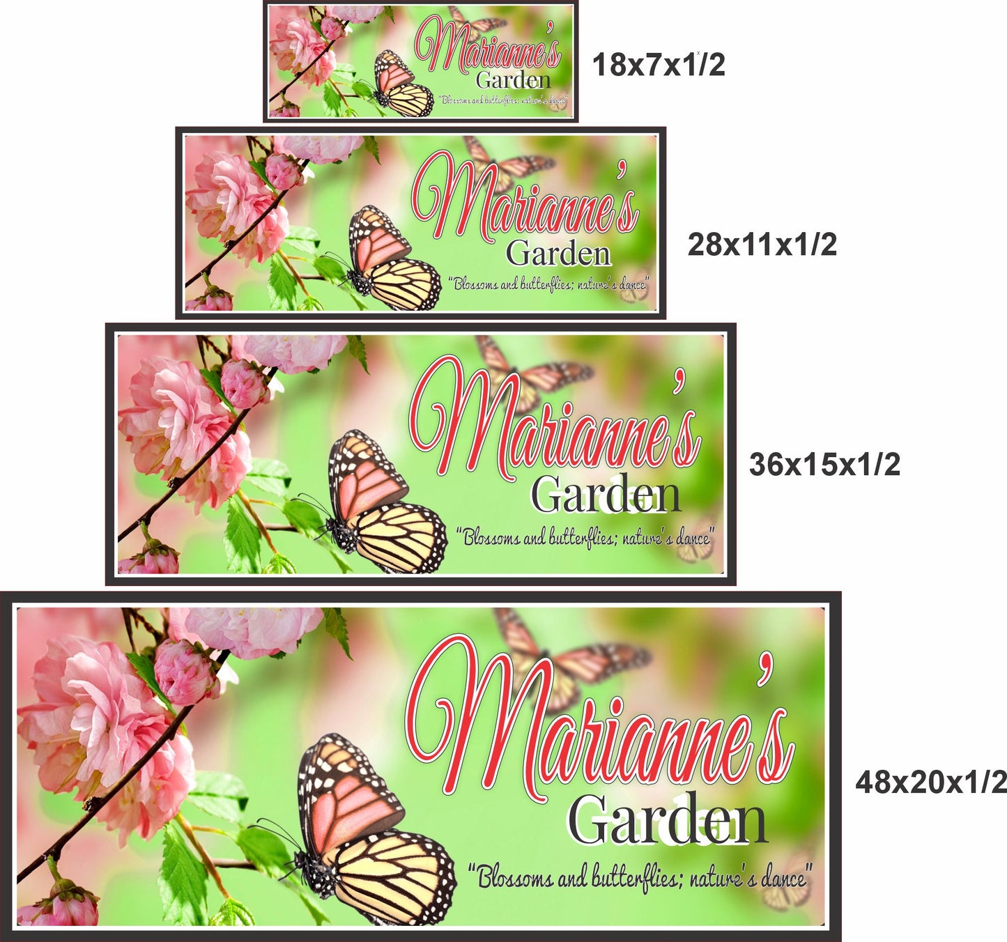 Garden sign shown in four available sizes for scale comparison