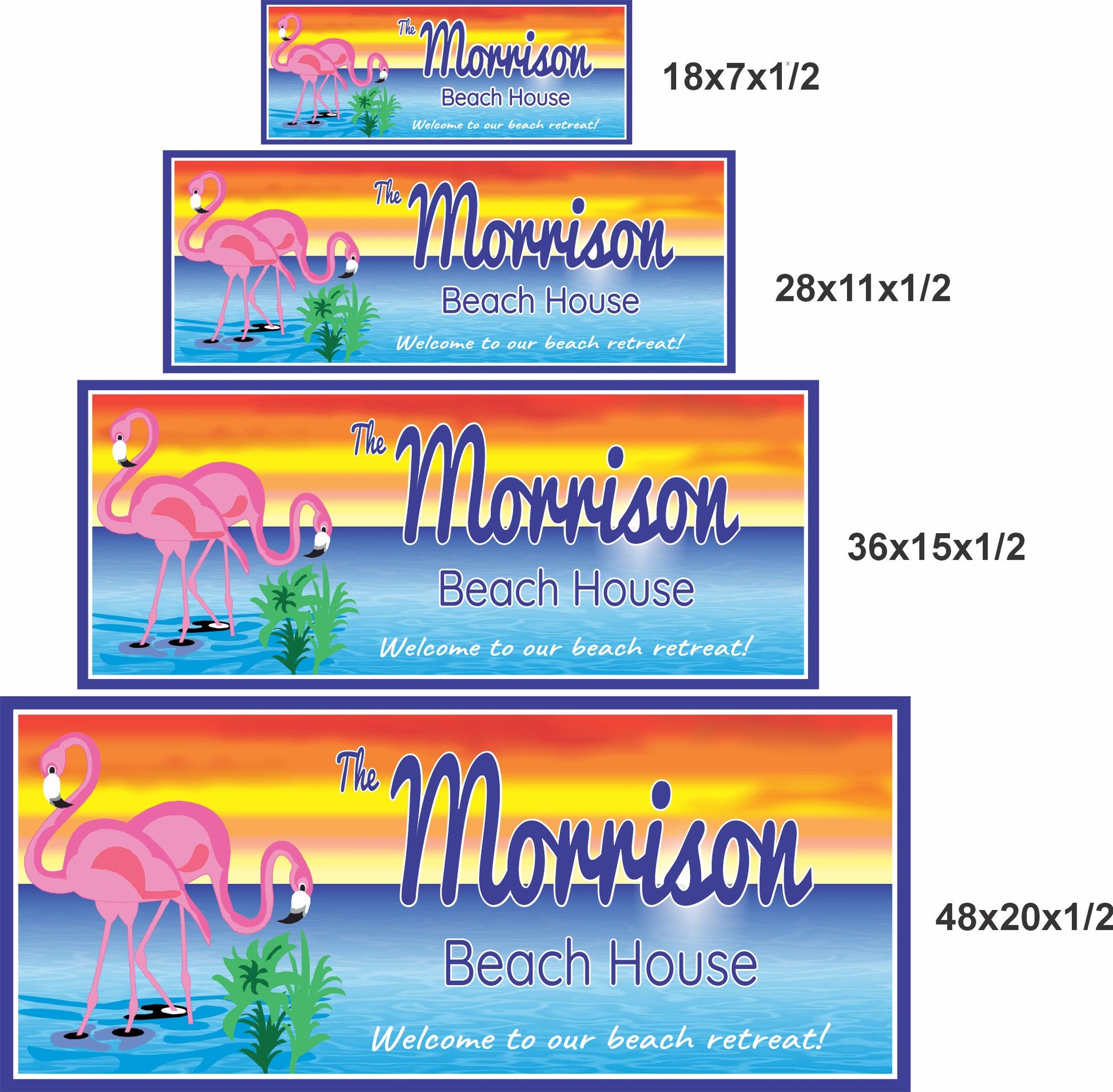 Personalized flamingo beach house sign size comparison showing multiple coastal decor options