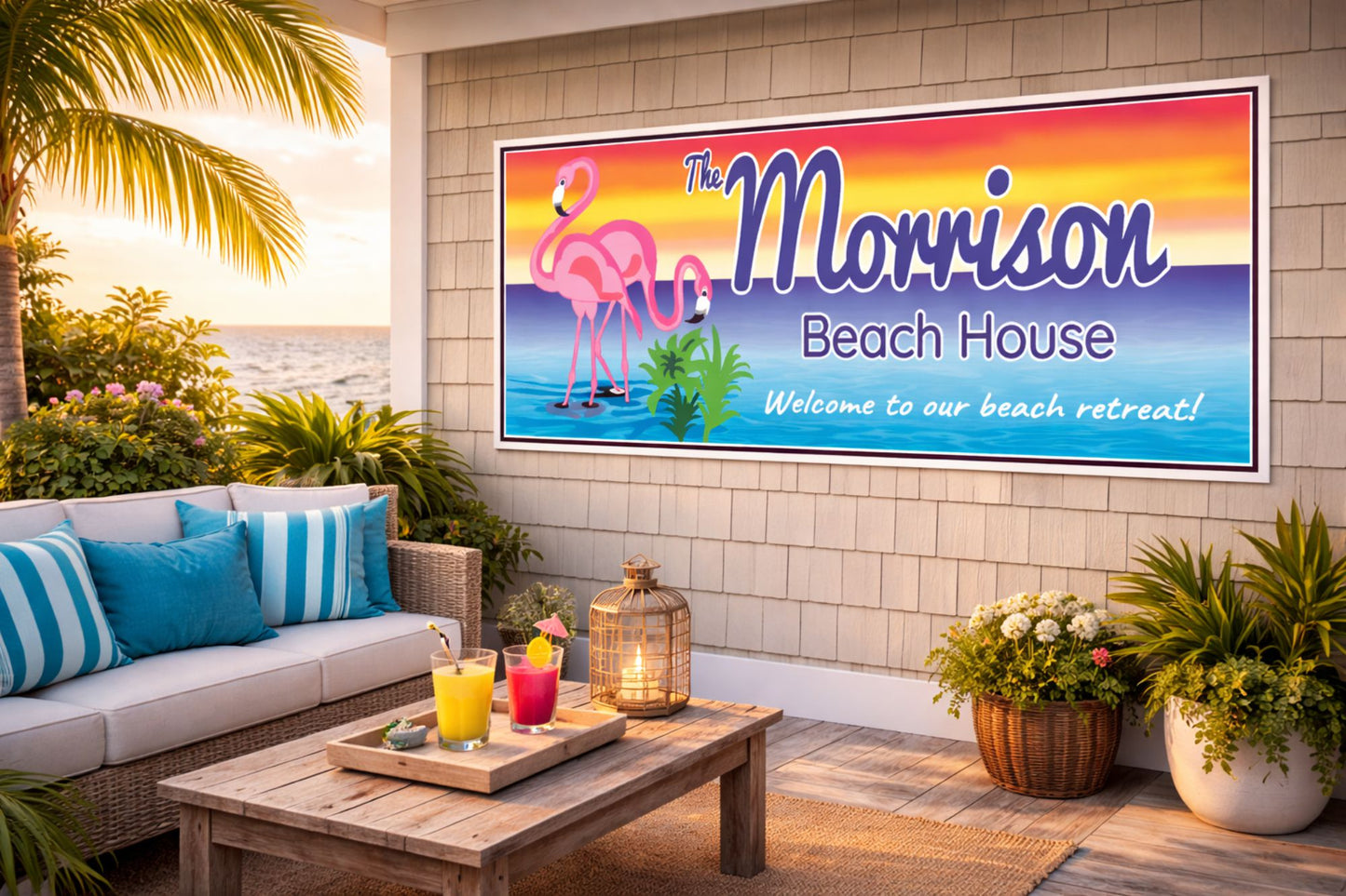 Personalized flamingo beach house sign displayed on outdoor coastal patio wall