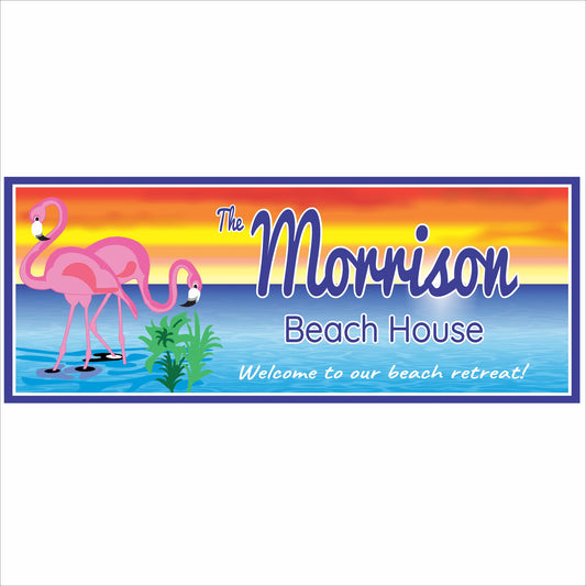 Personalized flamingo beach house wall sign with tropical coastal decor