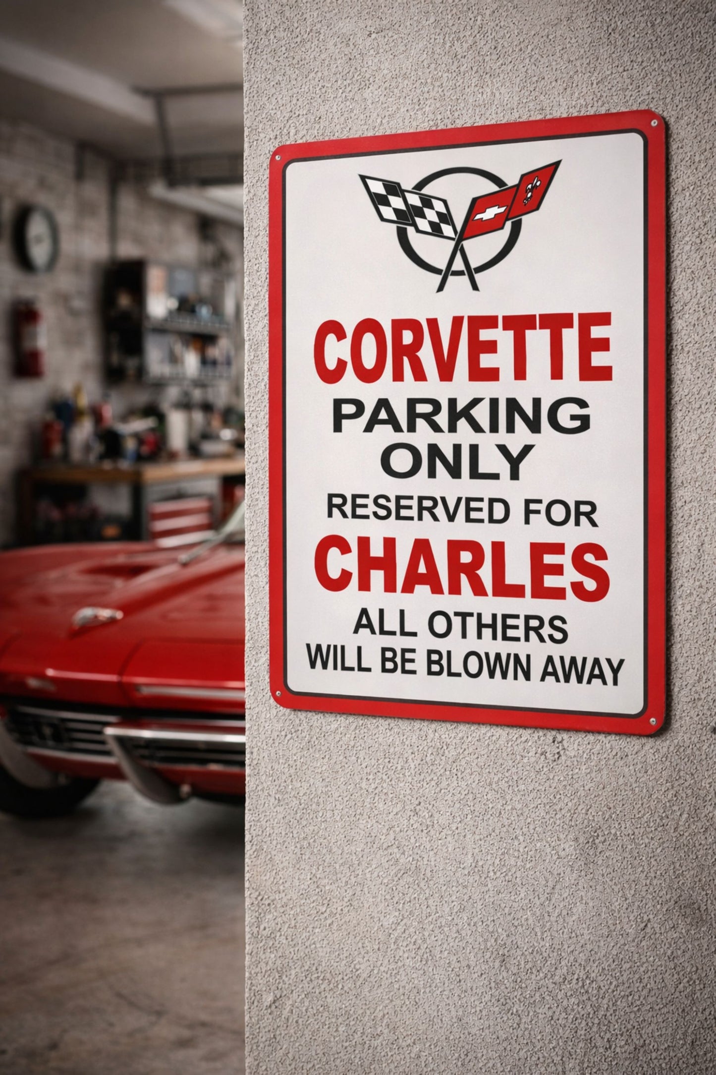 Custom aluminum parking sign mounted outdoors designating a reserved parking space