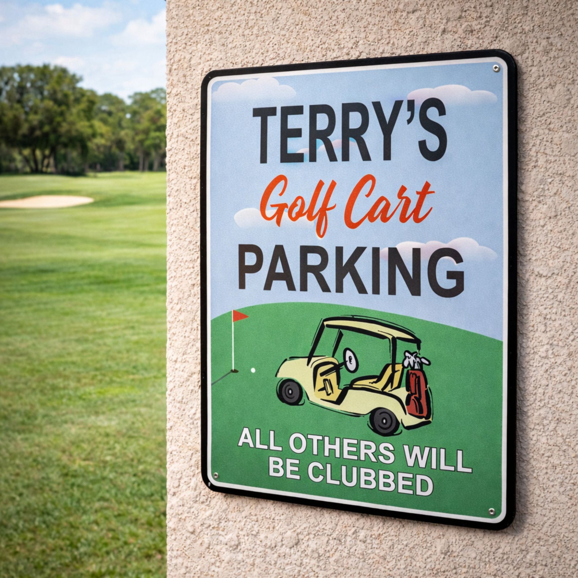Custom aluminum golf parking sign mounted outdoors designating a golf cart parking area
