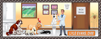  Customizable cartoon veterinarian sign featuring either a male or female vet with a variety of adorable, bandaged animals. All text on the sign is editable, ideal for personalizing with names or messages for veterinary clinics.