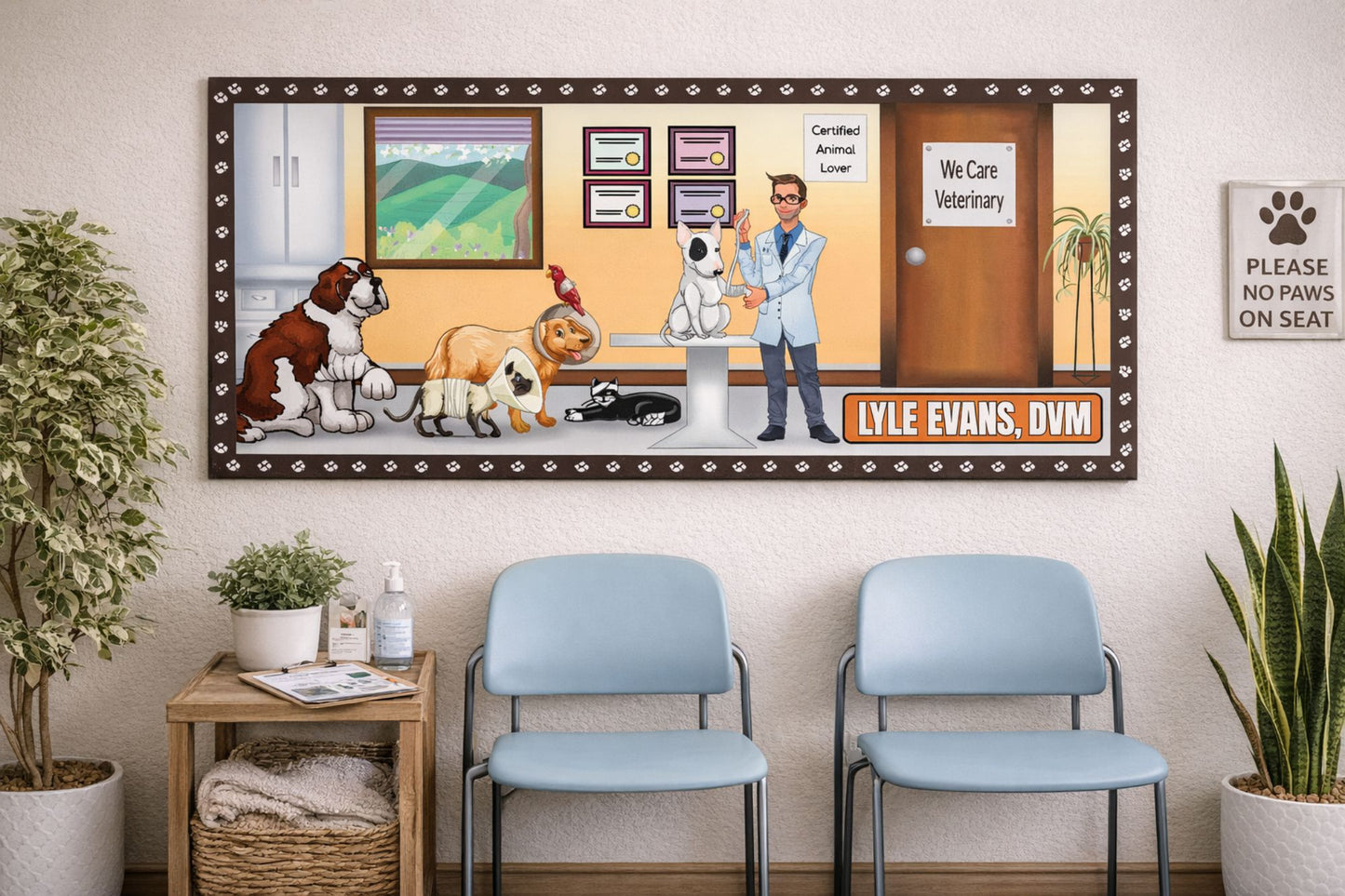 personalized veterinarian sign displayed in veterinary office waiting room with chairs and plants