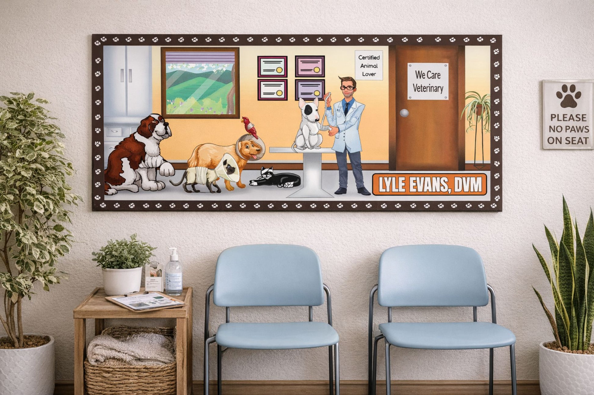 personalized veterinarian sign displayed in veterinary office waiting room with chairs and plants