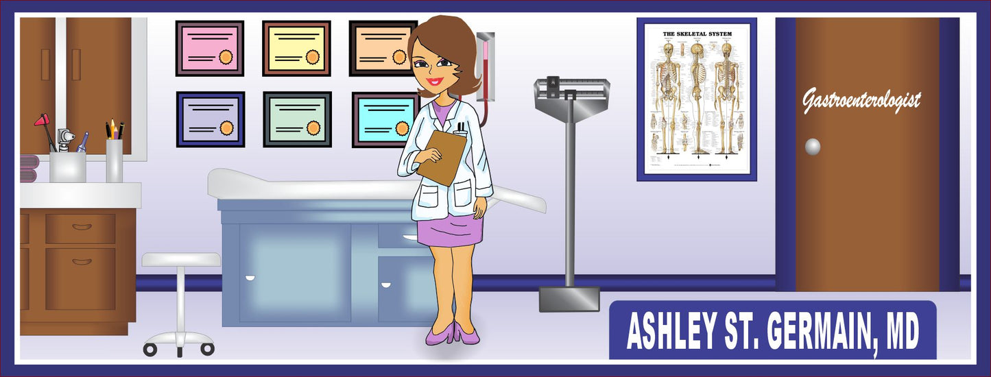 Personalized doctor office sign with female doctor character and customizable name and medical specialty