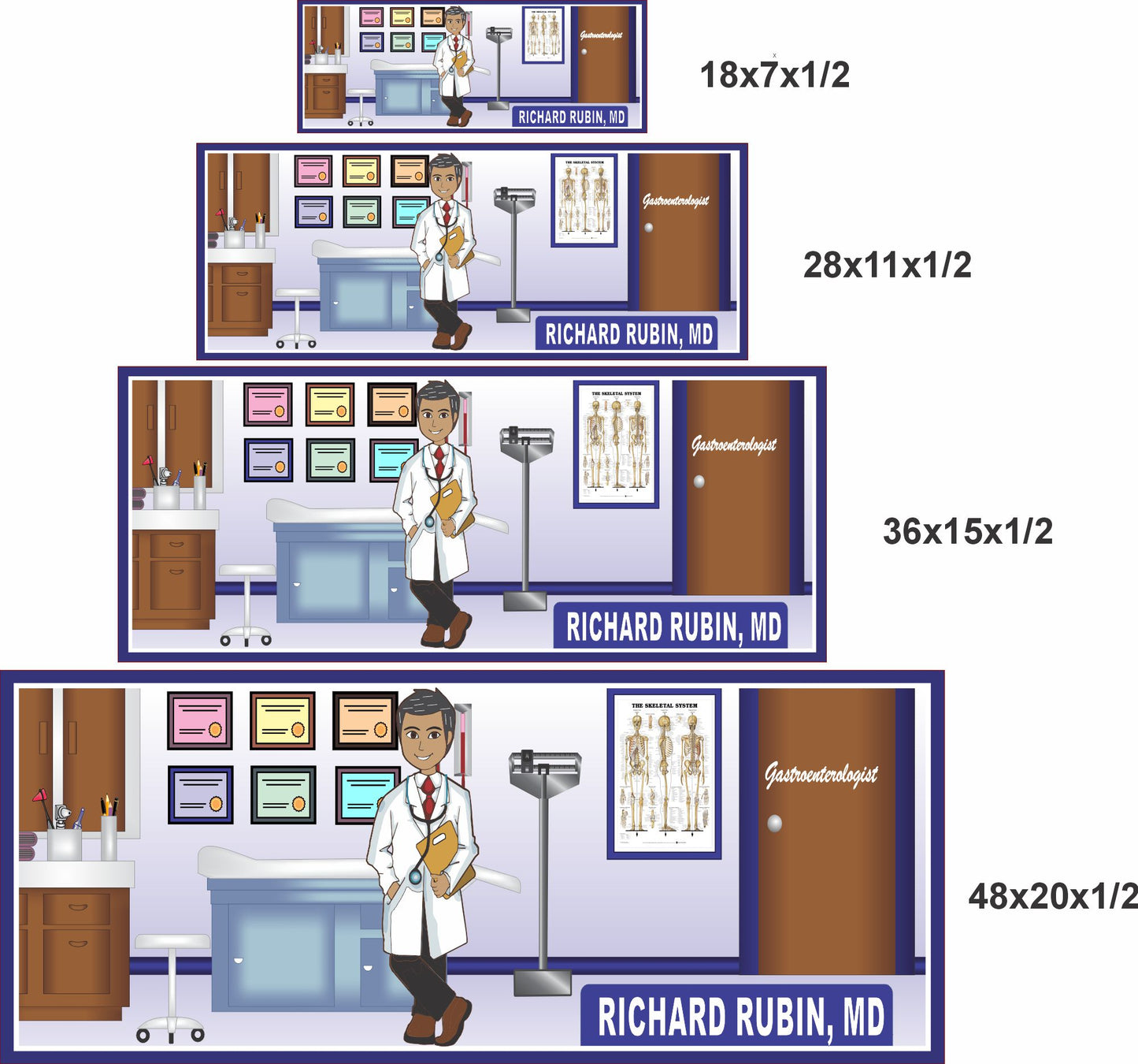 Doctor office sign shown in 18x7, 28x11, 36x15, and 48x20 inch size options