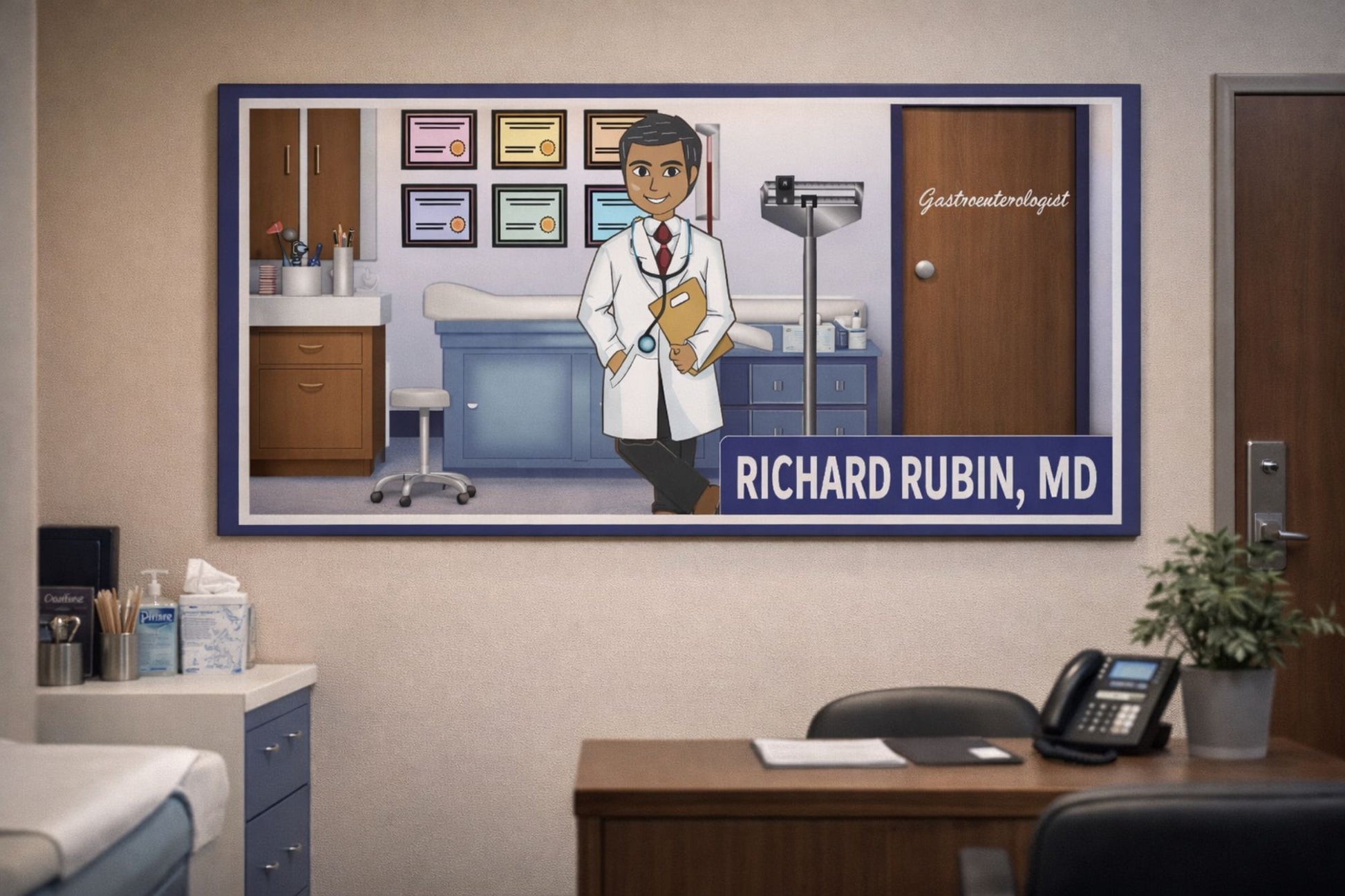 Personalized medical office sign displayed on a clinic wall featuring a doctor character in a professional setting