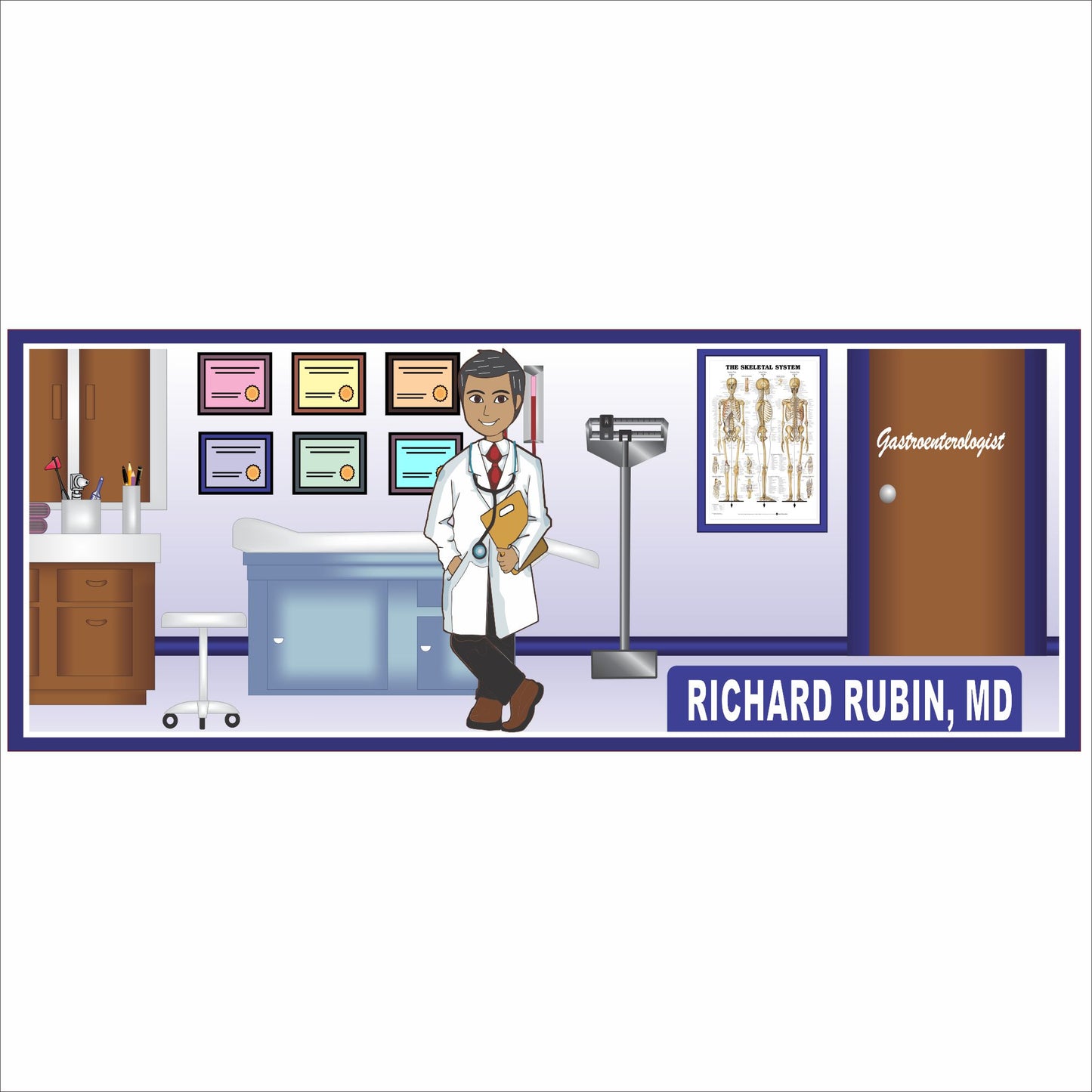Personalized doctor office sign with male doctor character and customizable name and medical specialty