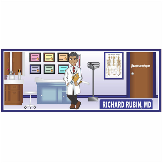 Personalized doctor office sign with male doctor character and customizable name and medical specialty