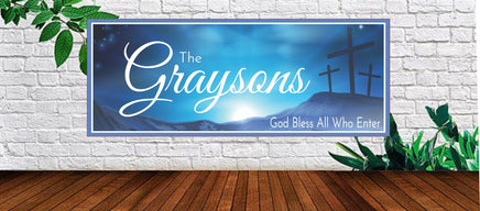 Customizable 3 Crosses Sign with Family Name on Ethereal Background - Religious Home Décor