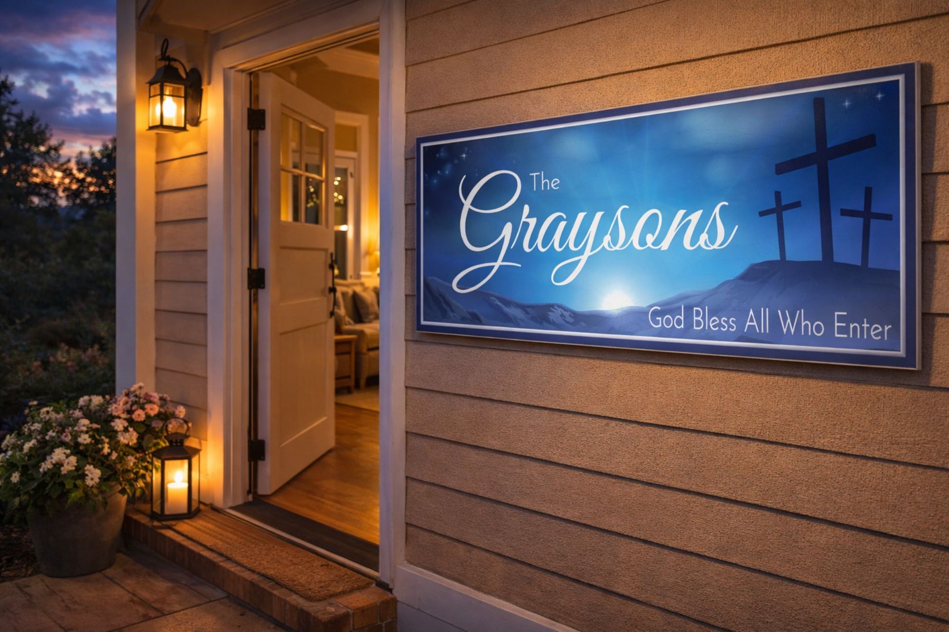 Personalized Christian family welcome sign mounted on an outdoor porch wall near a front door, featuring crosses and a Christian blessing message.