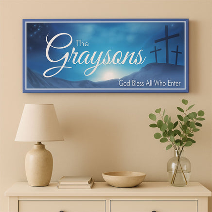 Personalized Christian family welcome sign displayed on an indoor ...